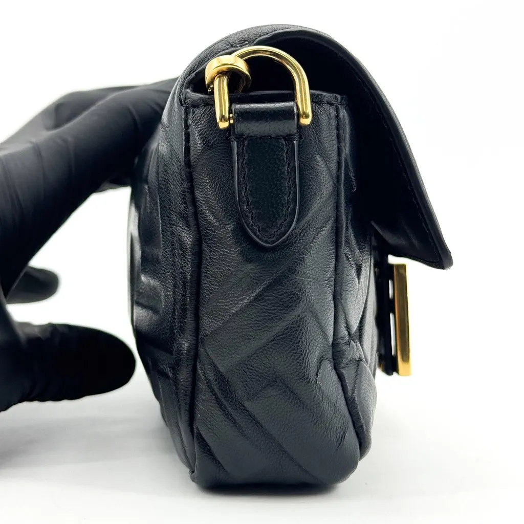 Fendi Mini Baguette Embossed FF Leather Bag Black Gold Black Leather Good - Model View
