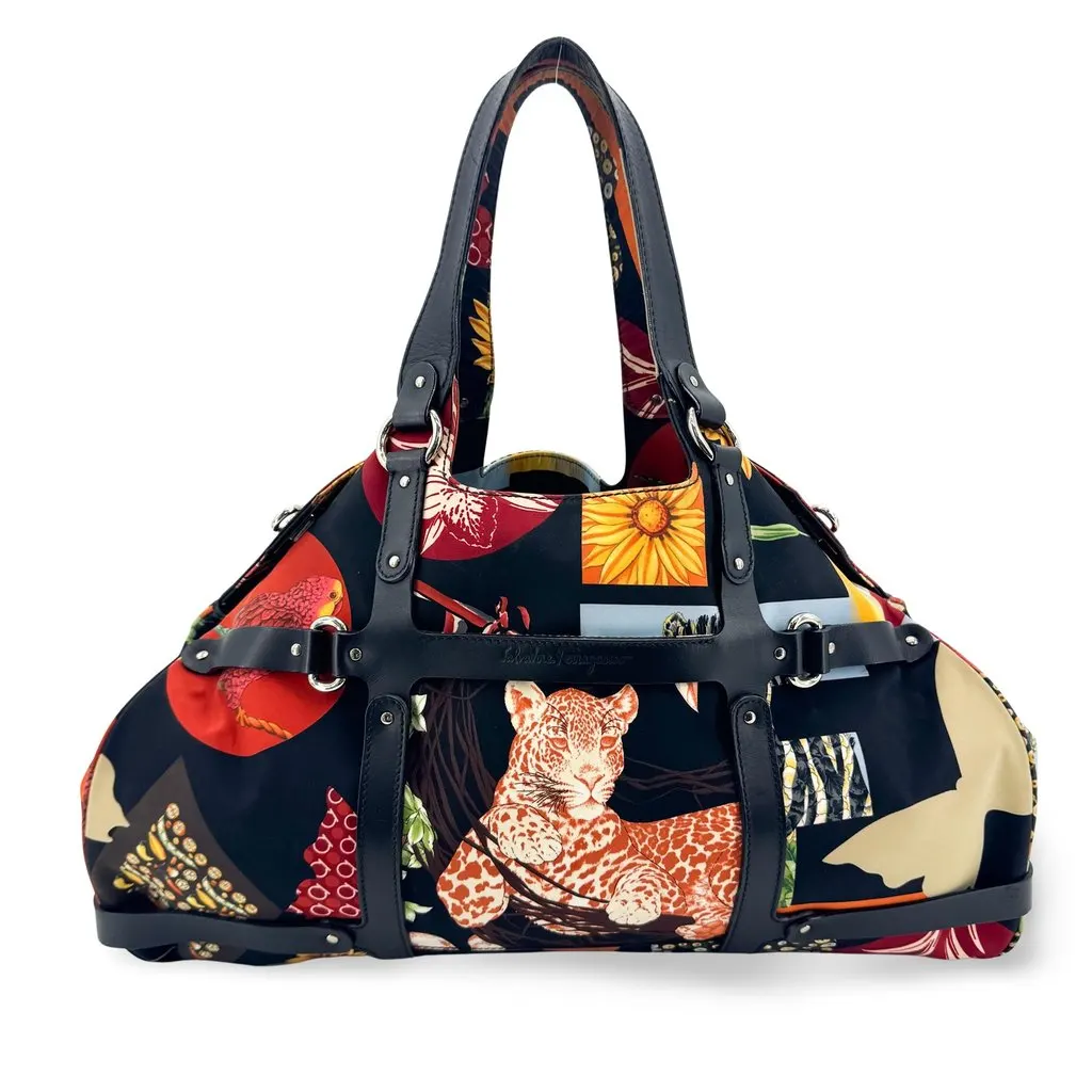 Salvatore Ferragamo Safari Leopard Floral Print Tote Bag Black Multicolor Black Polyamide Very good - Front View
