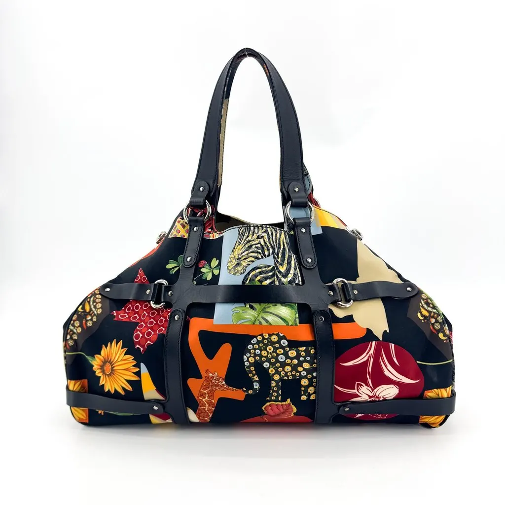 Salvatore Ferragamo Safari Leopard Floral Print Tote Bag Black Multicolor Black Polyamide Very good - Back View