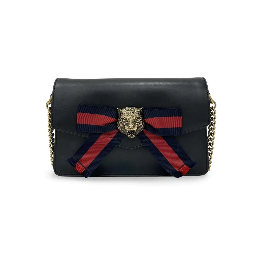 Gucci Broadway Sylvie Bag (Ribbon and Tiger Brooch) Black Leather Good - Front View