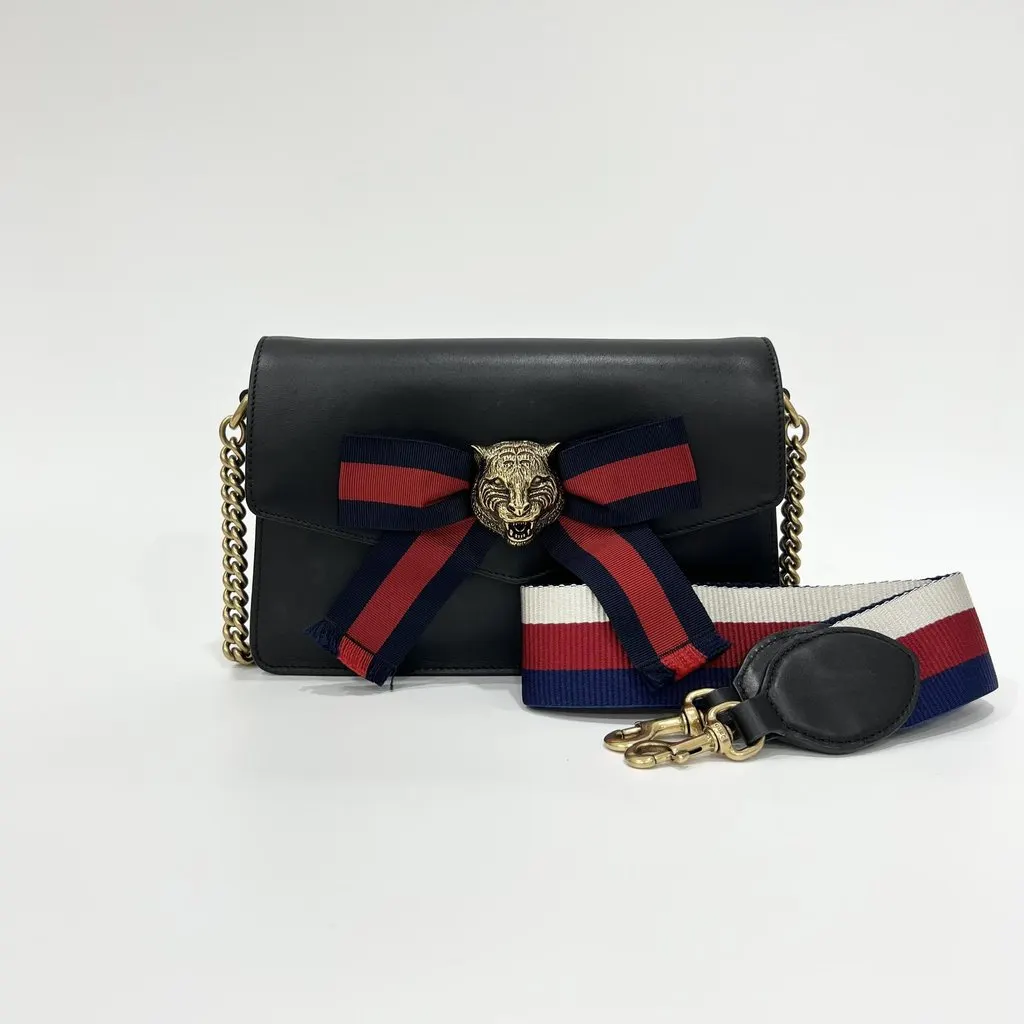 Gucci Broadway Sylvie Bag (Ribbon and Tiger Brooch) Black Leather Good - Back View