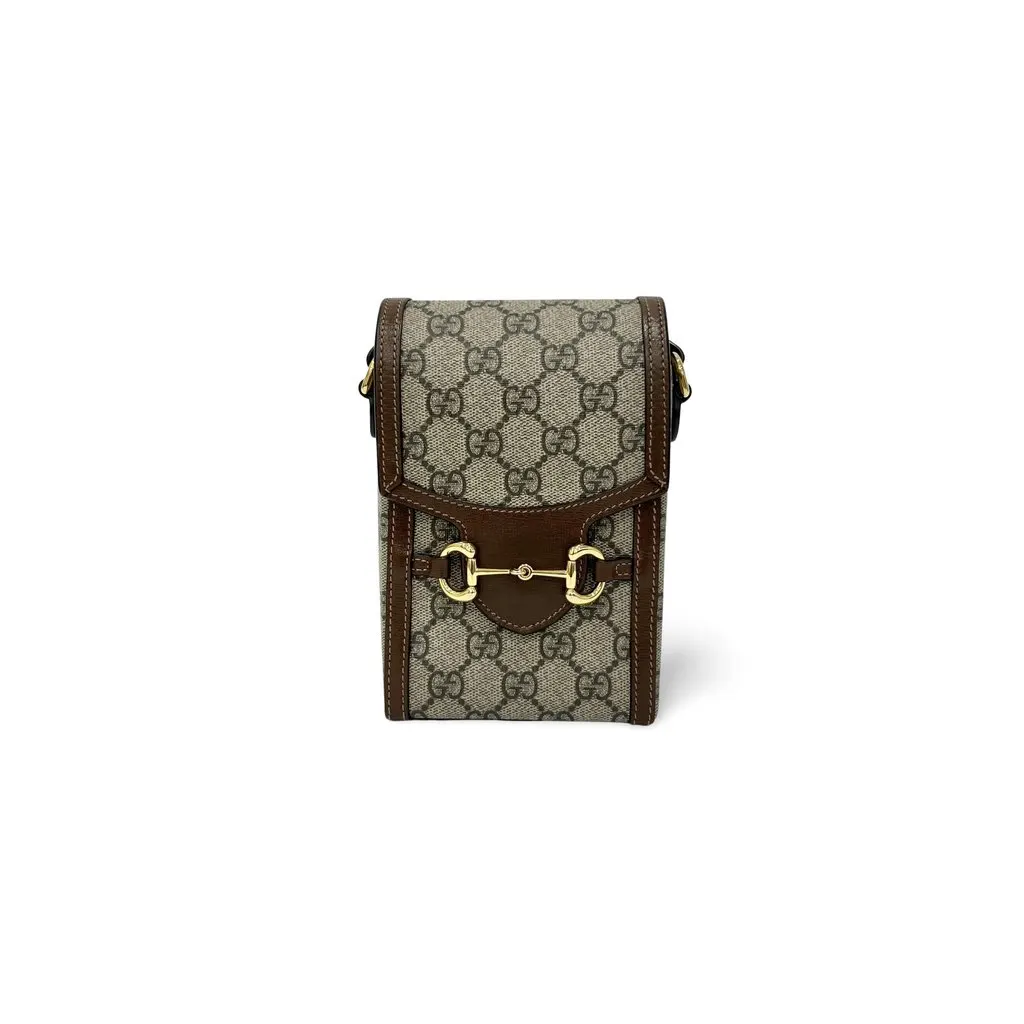 Gucci Horsebit 1955 Mini Bag Phone Holder Bag Brown Canvas Good - Front View