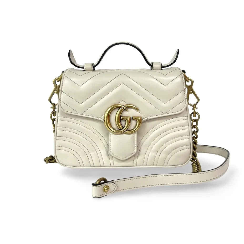 Gucci GG Marmont Mini Top Handle Bag White Ecru Leather Good - Front View