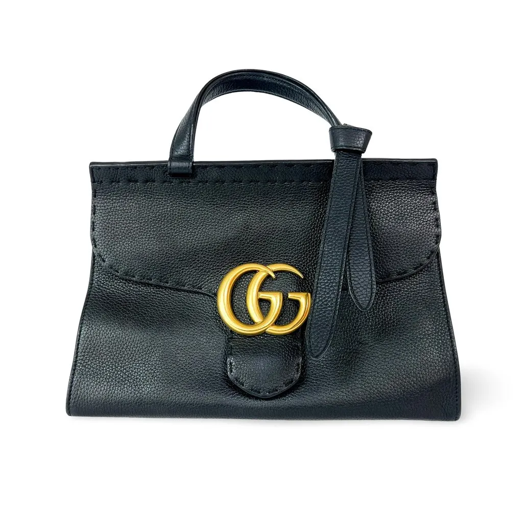 Gucci GG Marmont Small Top Handle Bag Black Black Leather Good - Front View