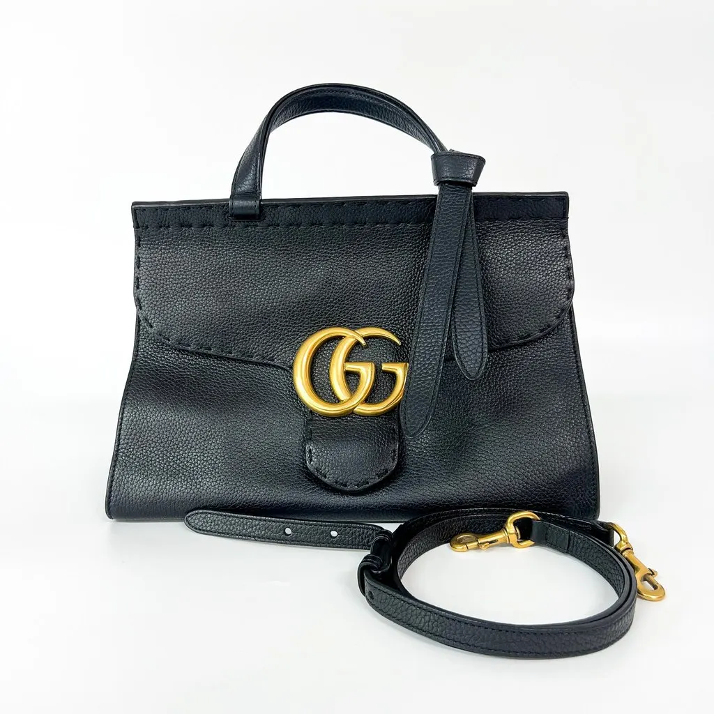 Gucci GG Marmont Small Top Handle Bag Black Black Leather Good - Back View