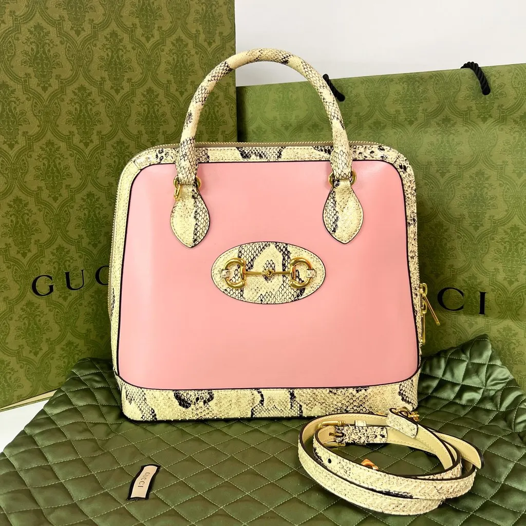 Gucci Horsebit 1955 Small Top Handle Bag Pink Trim Ecru Leather Very good - Back View