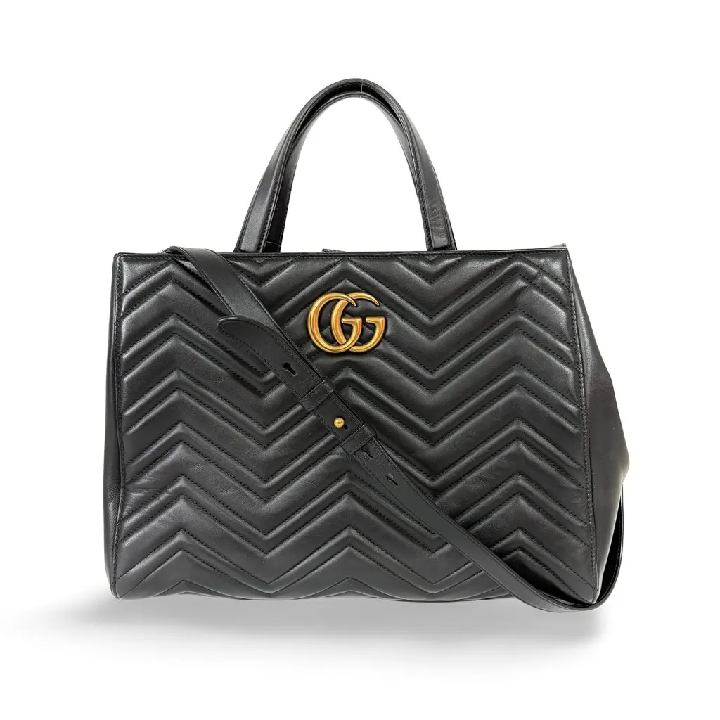 Gucci GG Marmont Small Matelassé Tote Bag Black Black Leather Good - Front View