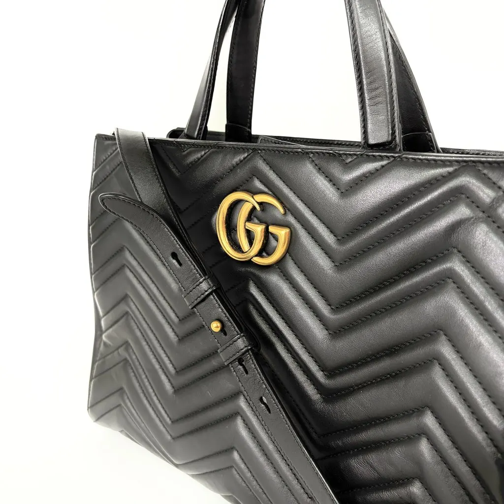 Gucci GG Marmont Small Matelassé Tote Bag Black Black Leather Good - Box View