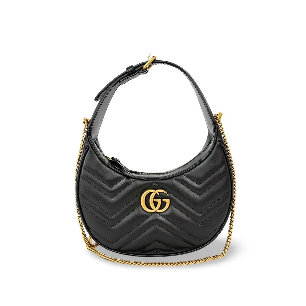 Gucci GG Marmont Half Moon Mini Shoulder Bag Black MultiColor Leather Very good - Front View
