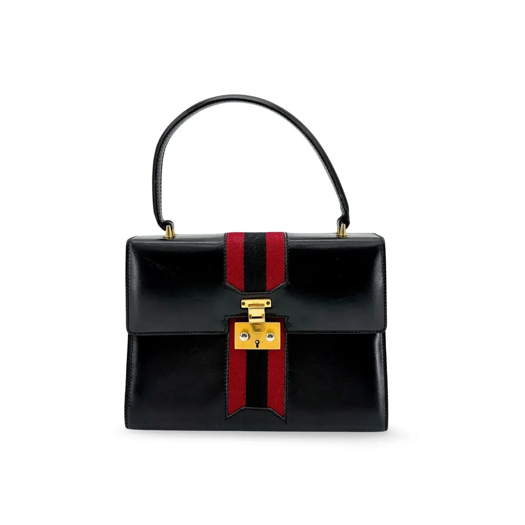 Gucci Vintage Black Leather Web Stripe Top Handle Bag MultiColor Leather Good - Front View