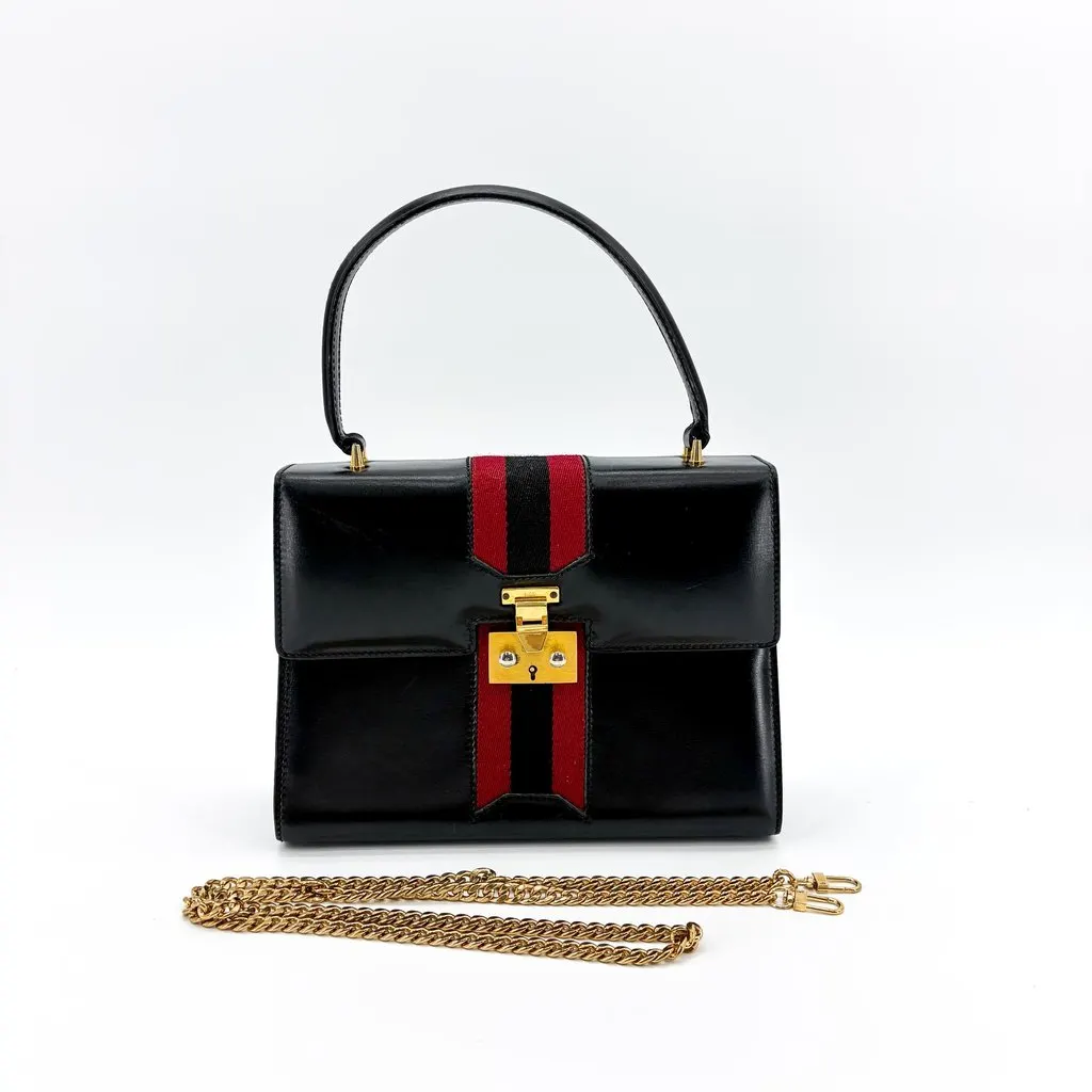 Gucci Vintage Black Leather Web Stripe Top Handle Bag MultiColor Leather Good - Back View