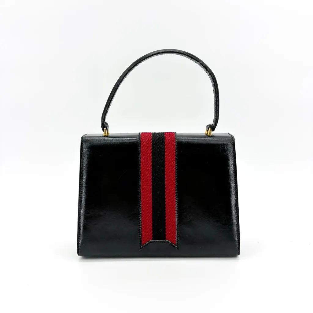 Gucci Vintage Black Leather Web Stripe Top Handle Bag MultiColor Leather Good - Inside View