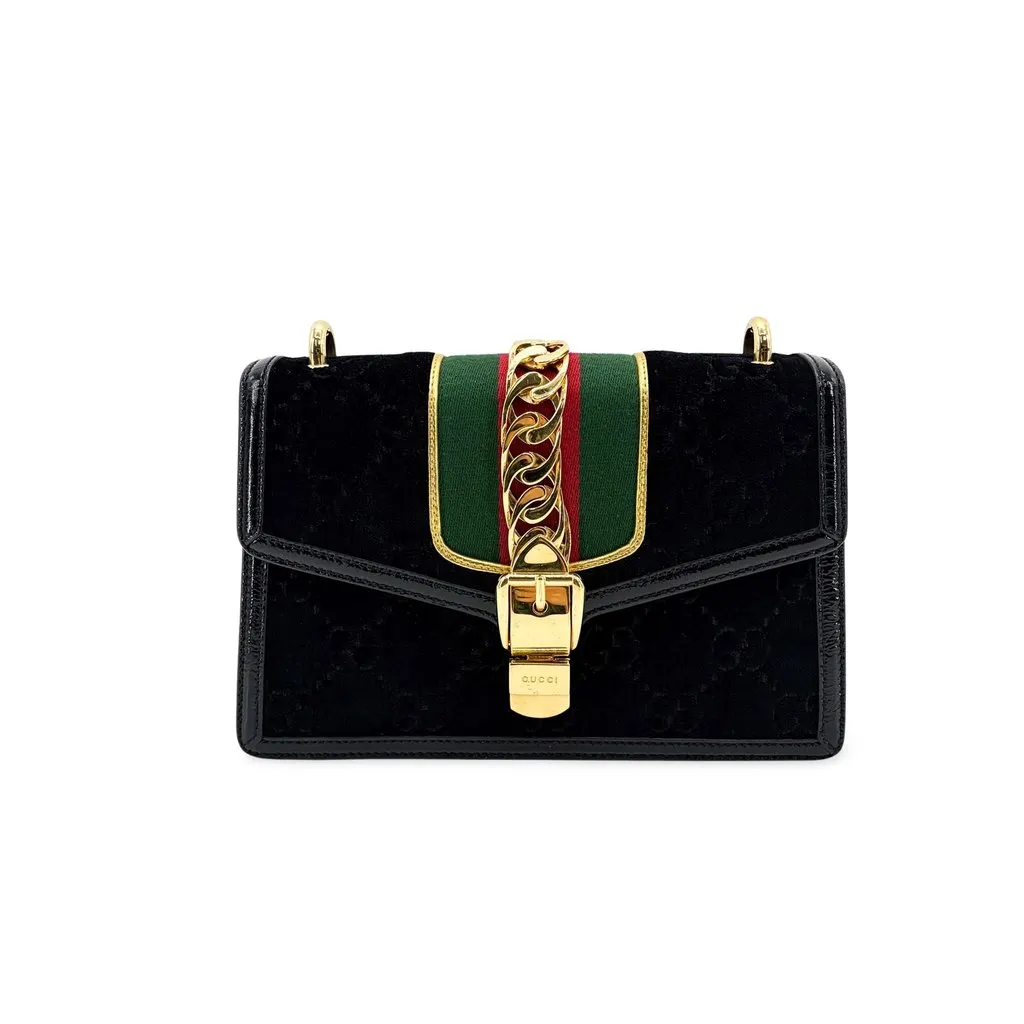 Gucci Mini Sylvie GG Velvet Shoulder Bag Black MultiColor Velvet Very good - Front View