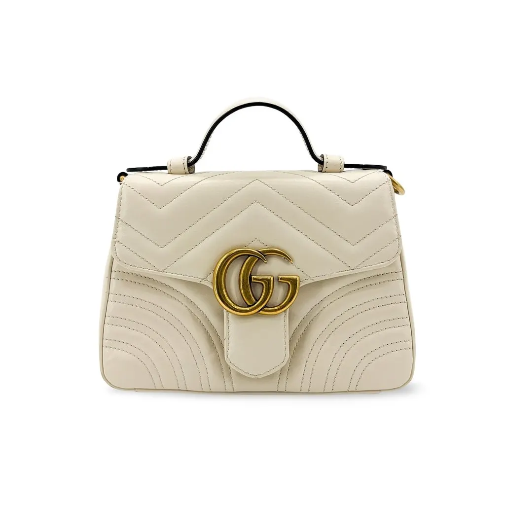 Gucci GG Marmont Matelassé Mini Top Handle Bag White MultiColor Leather Fair - Front View