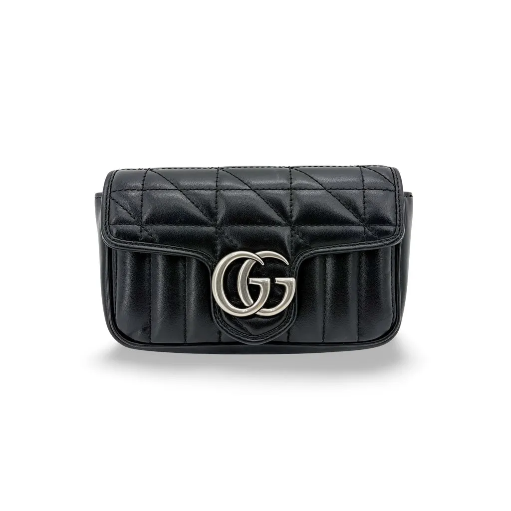 Gucci GG Marmont Matelassé Super Mini Bag Black Silver Black Leather Very good - Front View