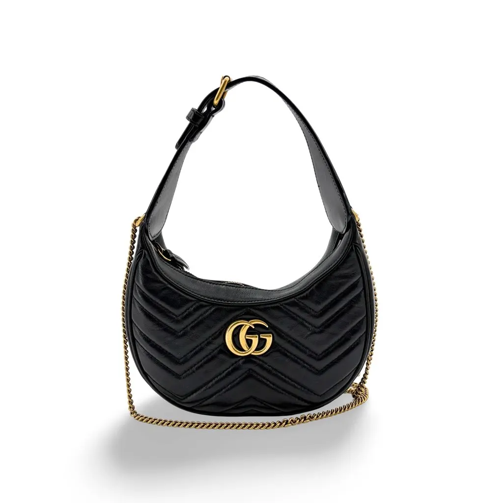 Gucci GG Marmont Half Moon Shape Mini Shoulder Bag Black Black Leather Very good - Front View