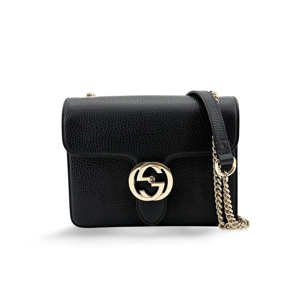 Gucci Interlocking G Mini Chain Shoulder Bag Black Gold Hardware Black Leather Good - Front View