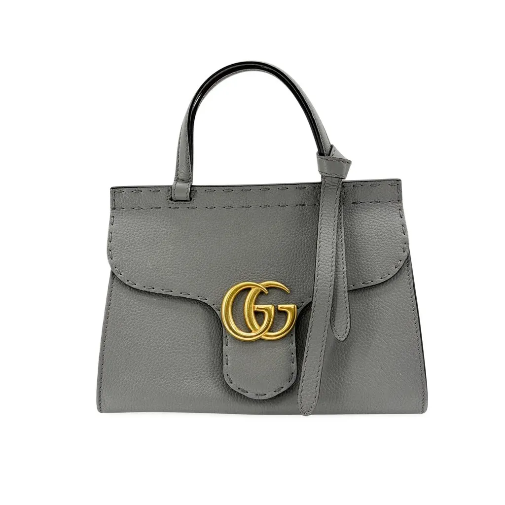 Gucci GG Marmont Small Top Handle Bag Grey Gold Leather Good - Front View