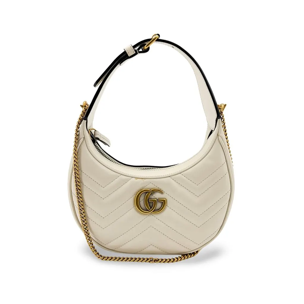 Gucci GG Marmont Half Moon Shape Mini Bag White Gold Leather Good - Front View