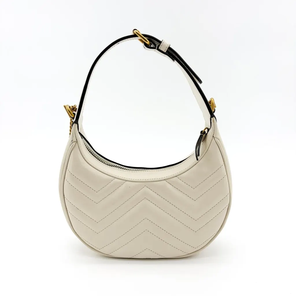 Gucci GG Marmont Half Moon Shape Mini Bag White Gold Leather Good - Back View