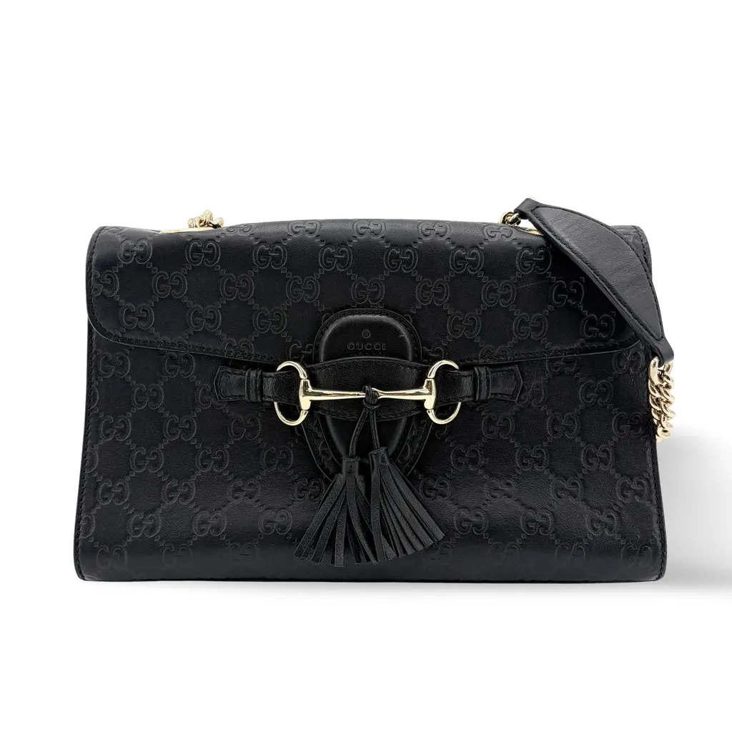 Gucci Guccisima Leather Horsebit Tassel Shoulder Bag Black Black Leather Good - Front View