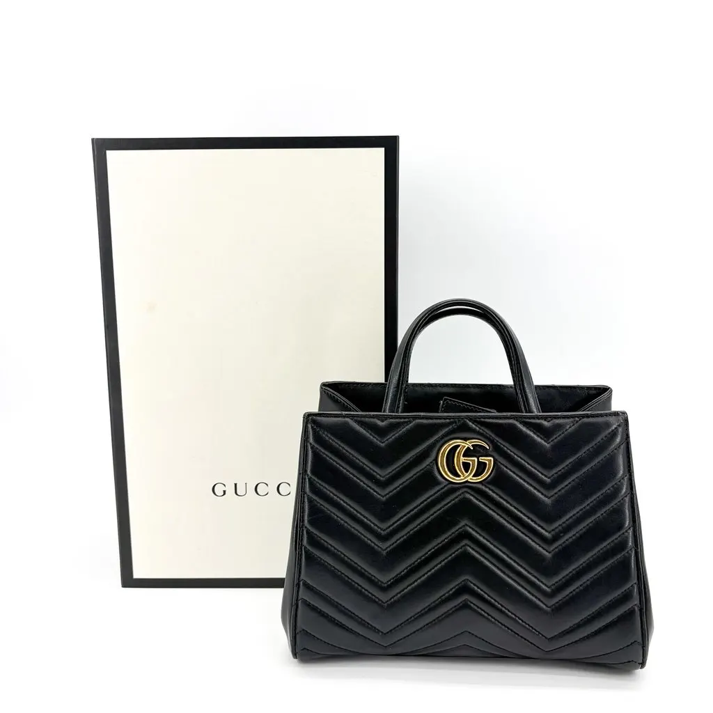 Gucci GG Marmont Matelassé Small Tote Bag Black Black Leather Very good - Back View