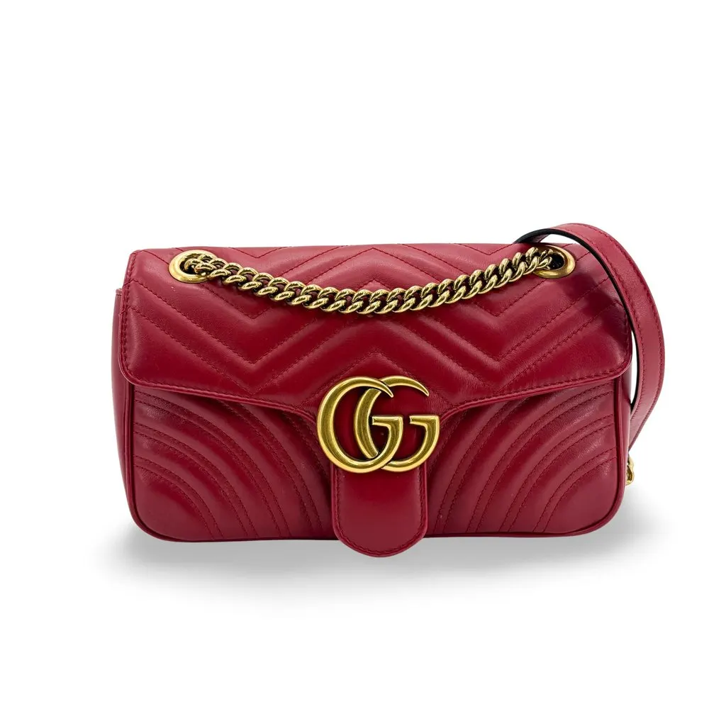 Gucci GG Marmont Small Shoulder Bag Hibiscus Red Gold Leather Very good - Front View