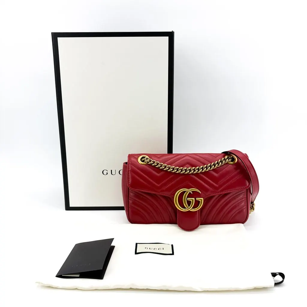 Gucci GG Marmont Small Shoulder Bag Hibiscus Red Gold Leather Very good - Back View