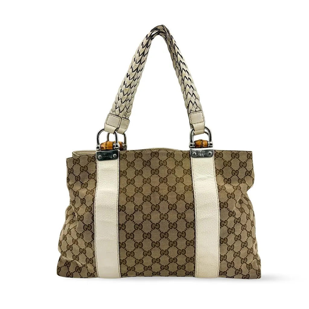 Gucci GG Canvas Bamboo Tote Bag White Beige Canvas Fair - Front View