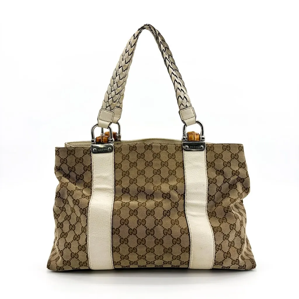 Gucci GG Canvas Bamboo Tote Bag White Beige Canvas Fair - Back View