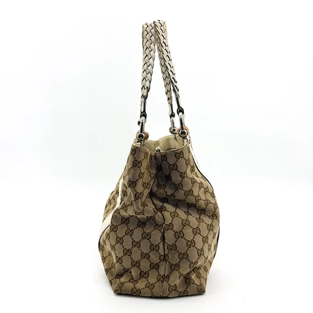 Gucci GG Canvas Bamboo Tote Bag White Beige Canvas Fair - Inside View