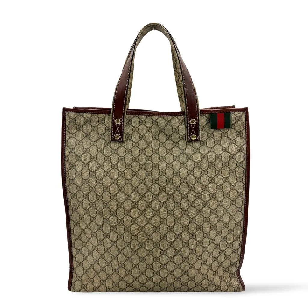 Gucci GG Supreme Web Vintage Tote Bag Brown Beige Canvas Fair - Front View