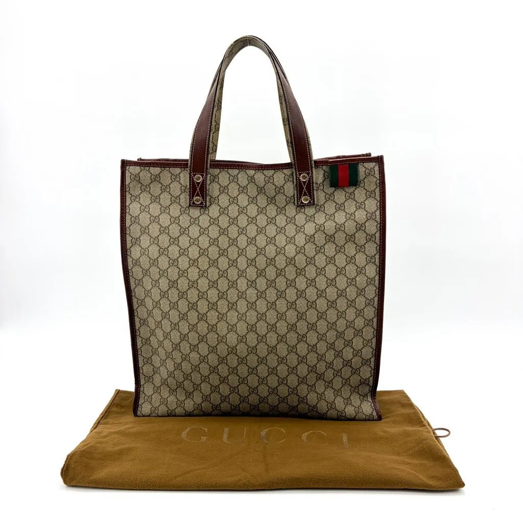 Gucci GG Supreme Web Vintage Tote Bag Brown Beige Canvas Fair - Back View