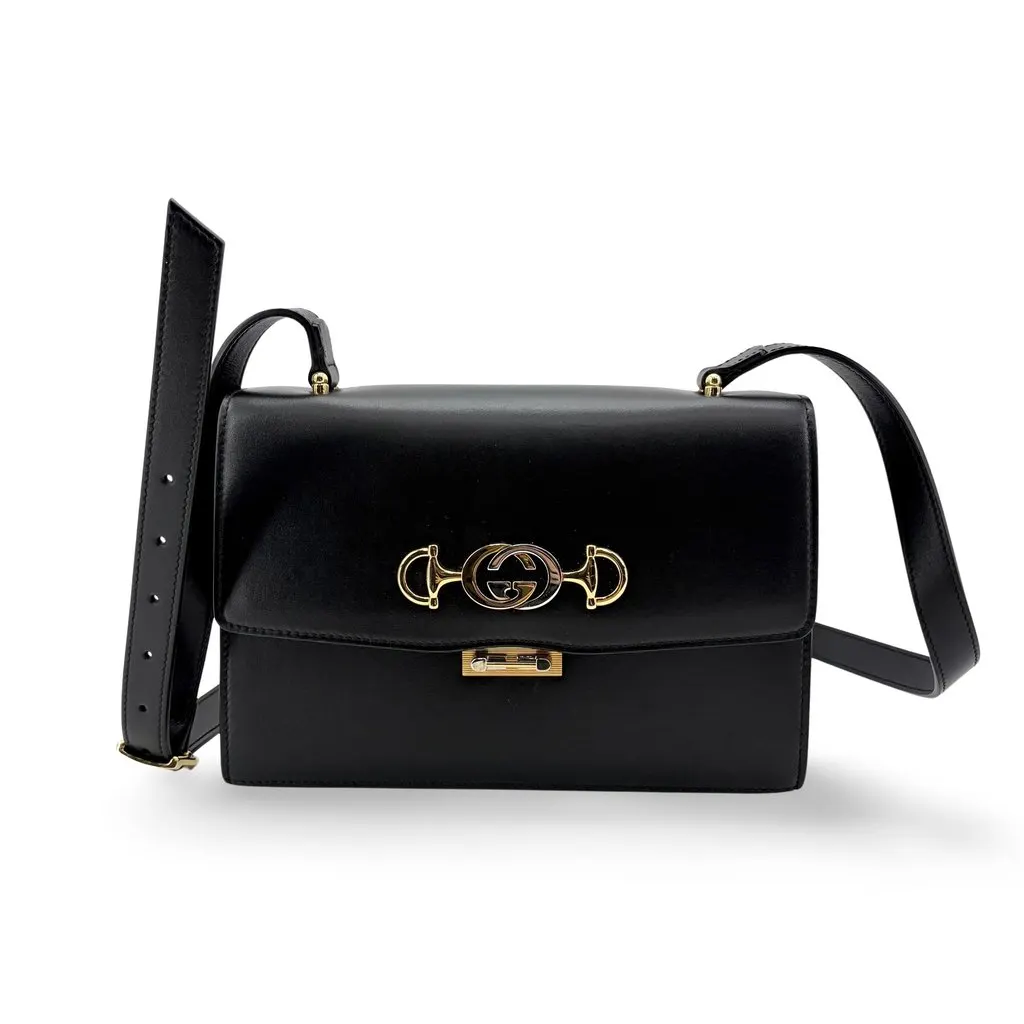 Gucci Zumi Medium Shoulder Bag Black Black Leather Very good - Front View