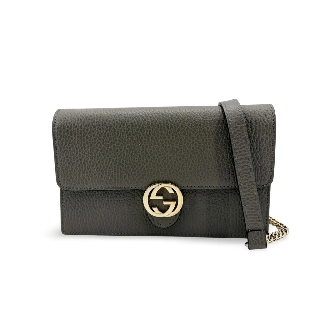 Gucci Interlocking G Chain Shoulder Bag Dark Gray Gold Leather Fair - Front View