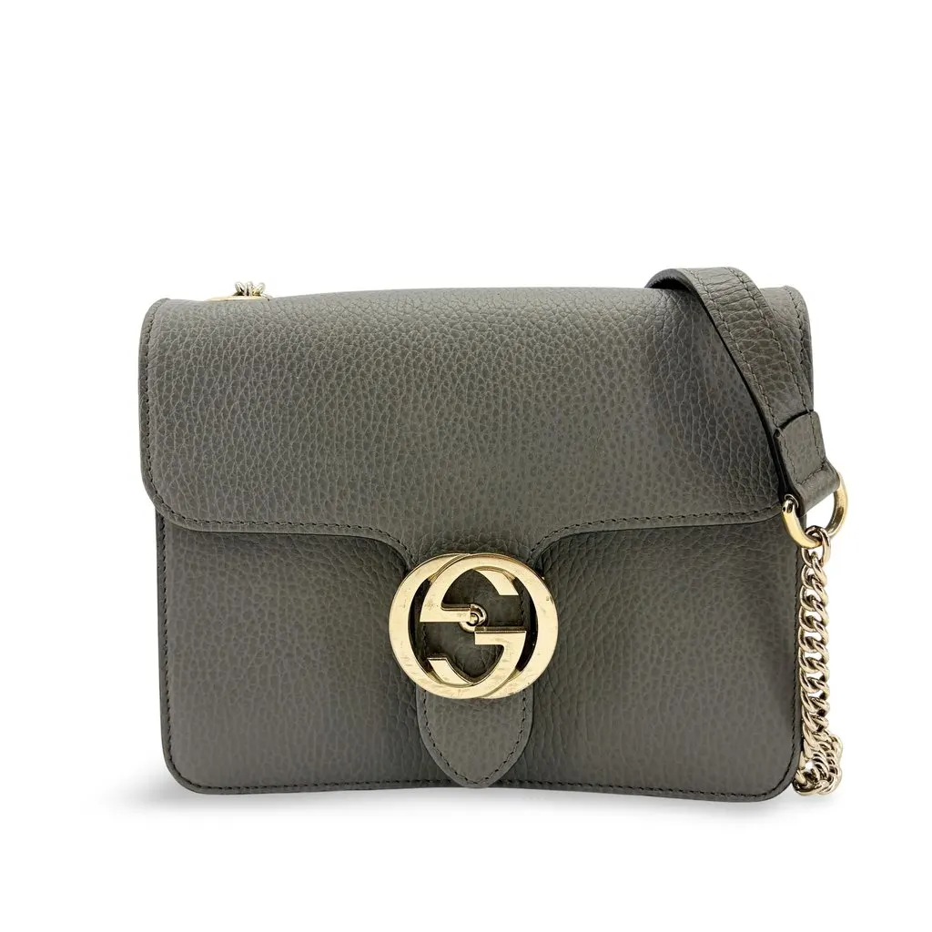 Gucci Interlocking G Chain Shoulder Bag Gray Gold Leather Fair - Front View