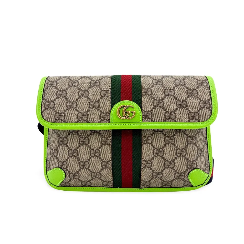 Gucci Ophidia GG Supreme Neon Green Belt Bag Beige Canvas Very good - Front View