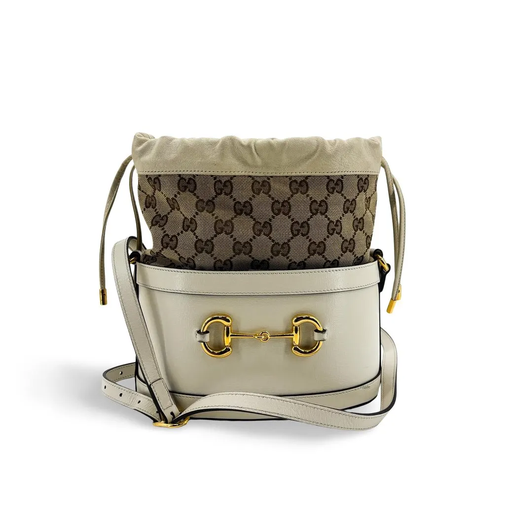 Gucci Horsebit 1955 Small Bucket Bag White Brown Canvas Good - Front View