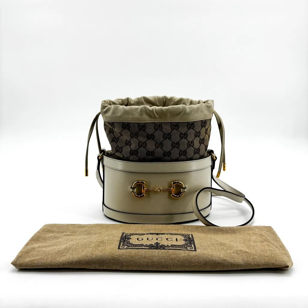 Gucci Horsebit 1955 Small Bucket Bag White Brown Canvas Good - Back View