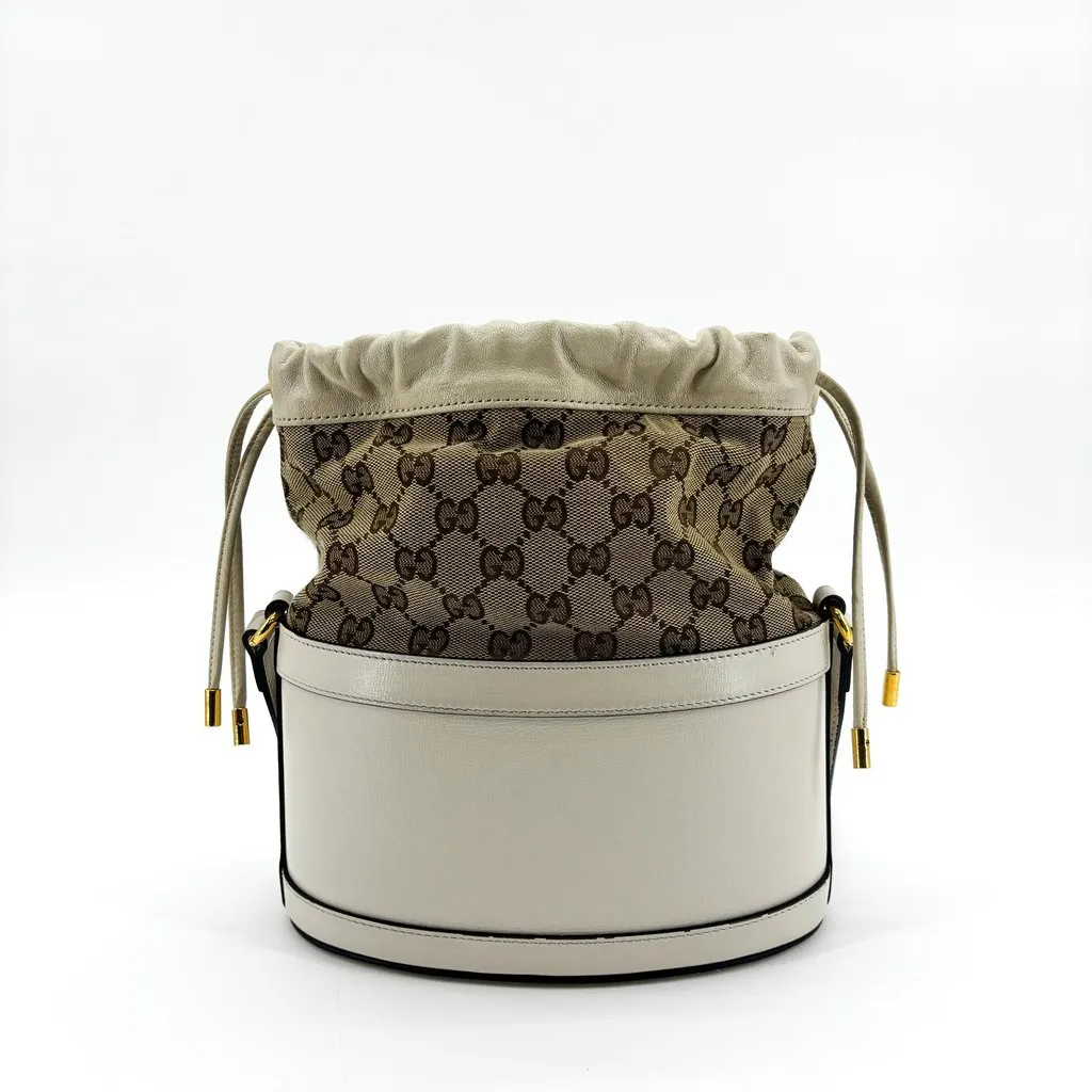 Gucci Horsebit 1955 Small Bucket Bag White Brown Canvas Good - Inside View
