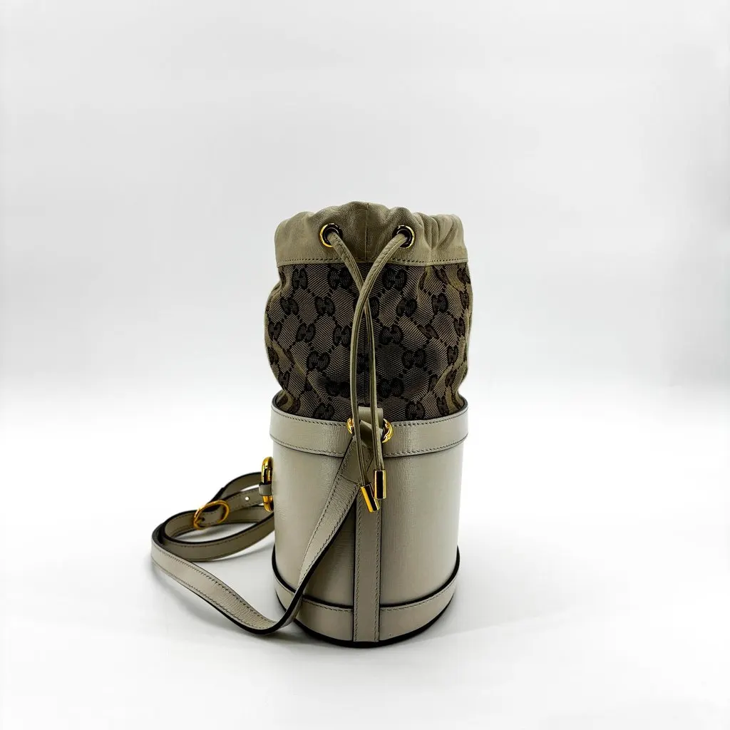 Gucci Horsebit 1955 Small Bucket Bag White Brown Canvas Good - Model View