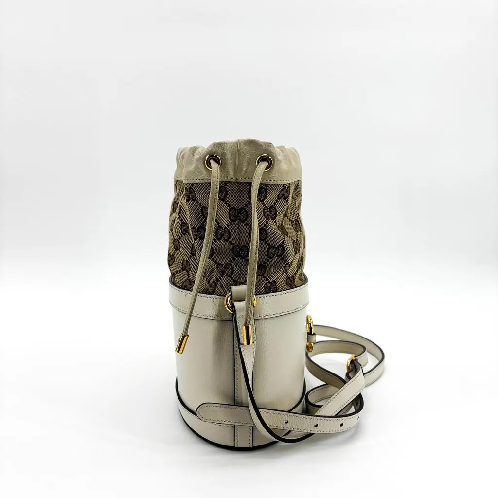Gucci Horsebit 1955 Small Bucket Bag White Brown Canvas Good - Box View