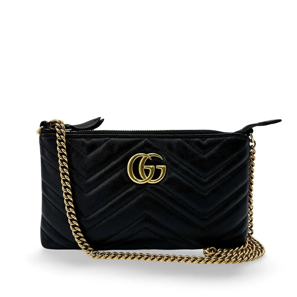 Gucci GG Marmont Matelasse Mini Chain Bag Black Black Leather Good - Front View