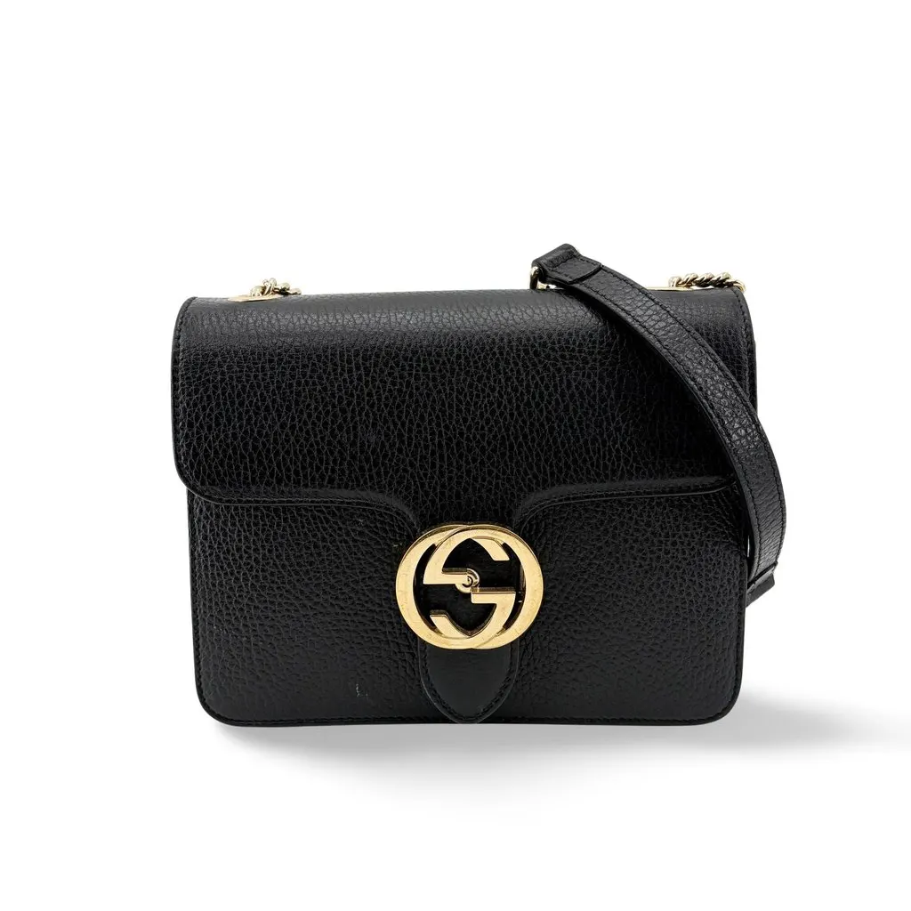 Gucci Interlocking G Chain Shoulder Bag Small Black Black Leather Good - Front View