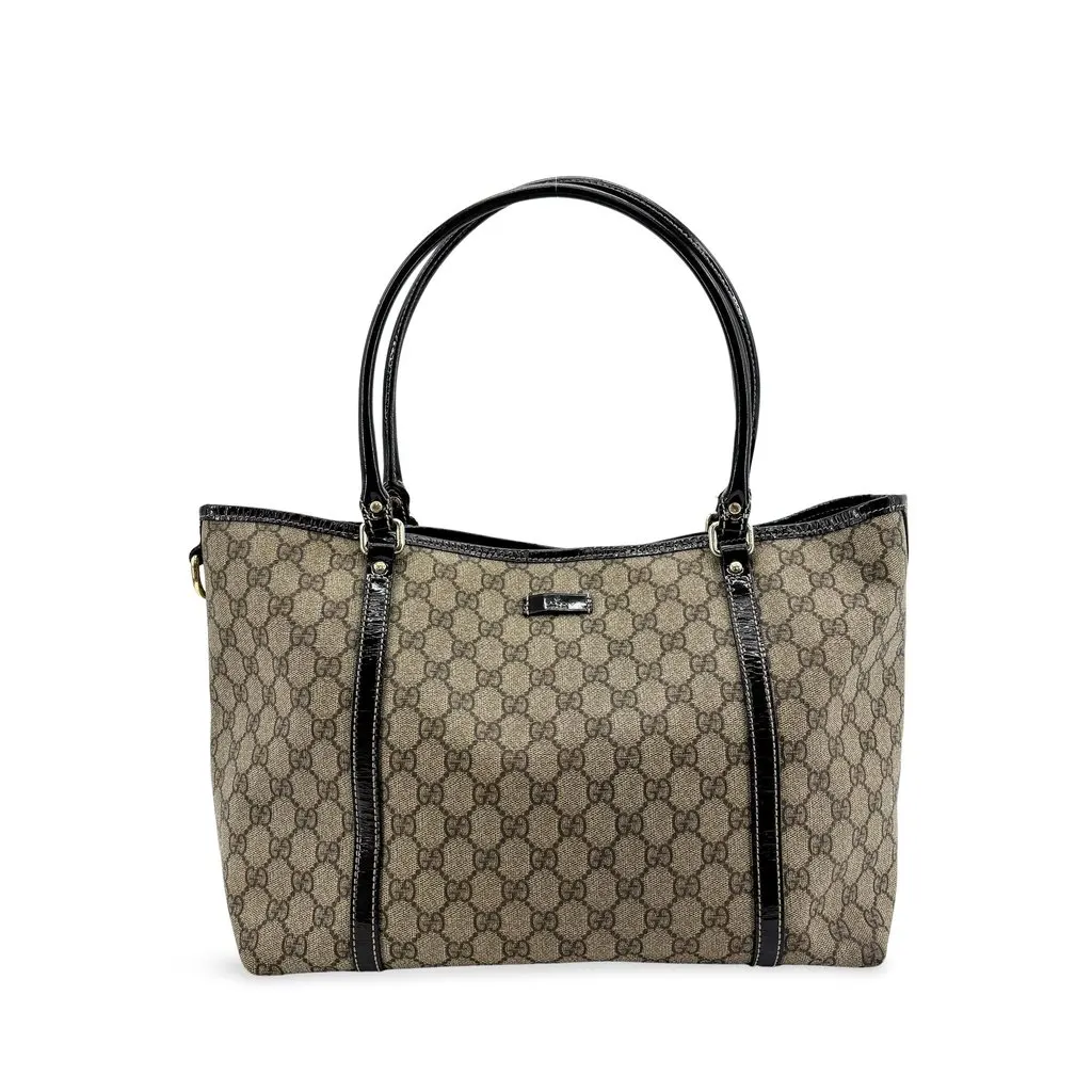 Gucci GG Supreme Joy Patent Tote Bag Brown Black Beige Canvas Good - Front View