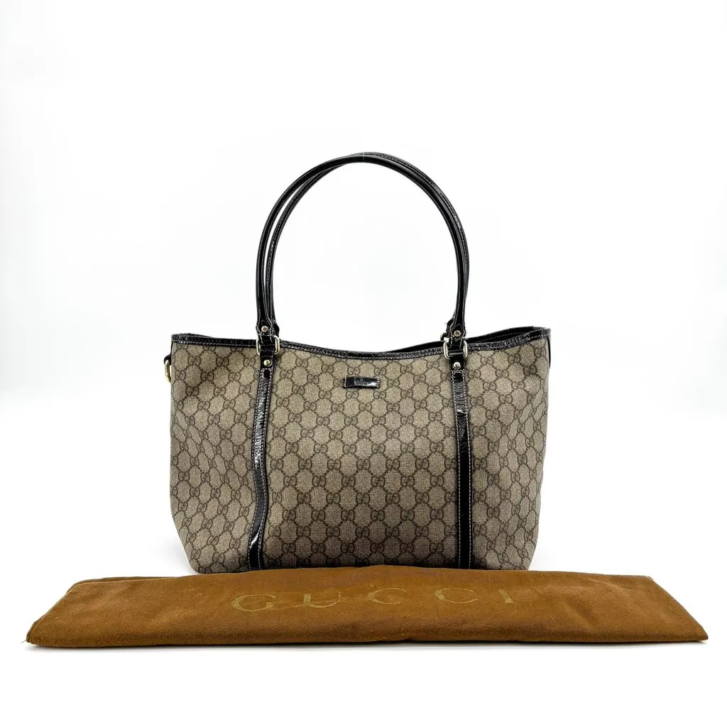 Gucci GG Supreme Joy Patent Tote Bag Brown Black Beige Canvas Good - Back View