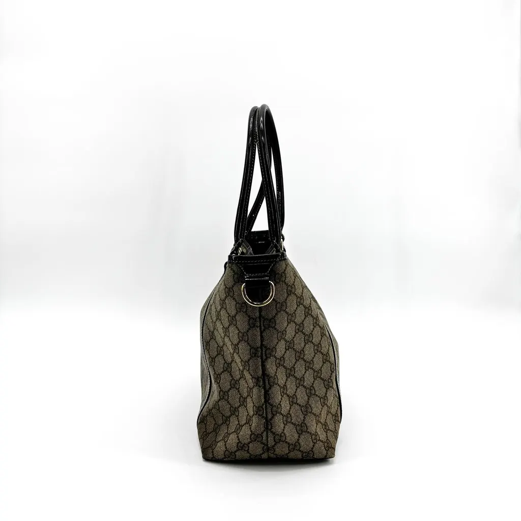 Gucci GG Supreme Joy Patent Tote Bag Brown Black Beige Canvas Good - Model View