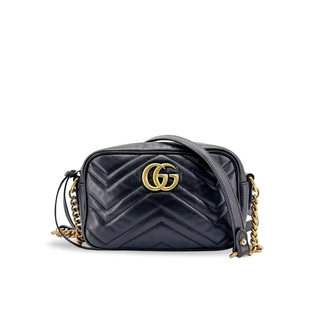 Gucci GG Marmont Mini Matelasse Shoulder Bag Black Black Leather Good - Front View