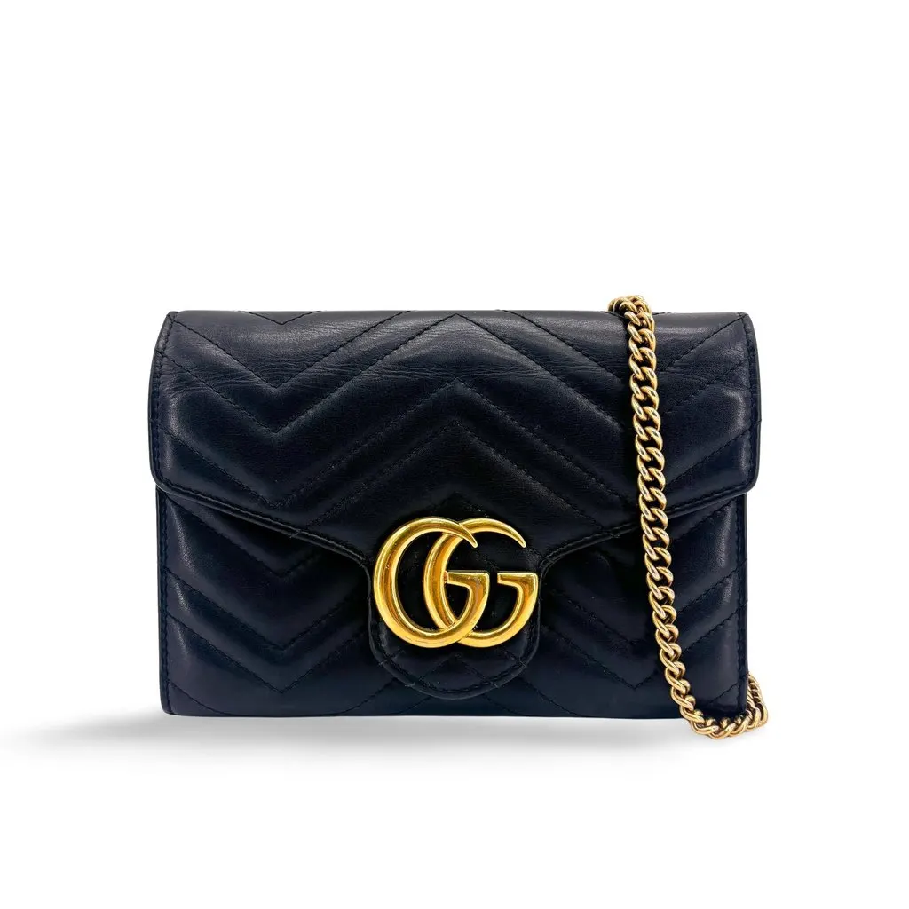 Gucci GG Marmont Matelasse Chain Shoulder Bag Black Black Leather Good - Front View