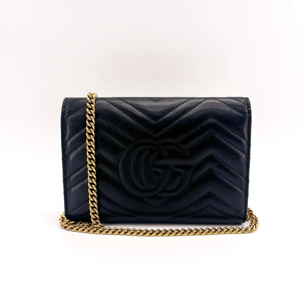 Gucci GG Marmont Matelasse Chain Shoulder Bag Black Black Leather Good - Back View